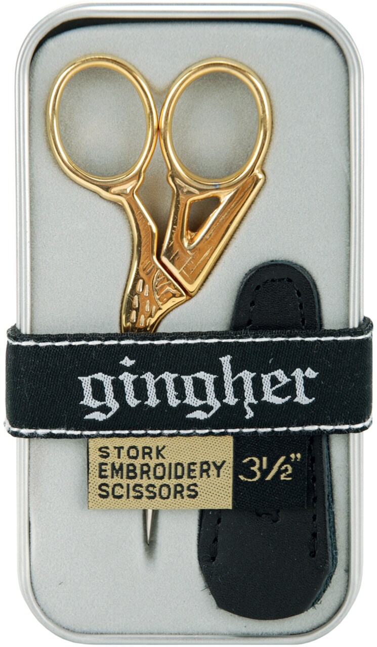 Gingher Gold-Handled Stork Embroidery Scissors 3.5"-W/Leather Sheath
